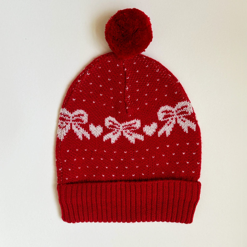 Noe Beanie - Red/OffWhite Bow